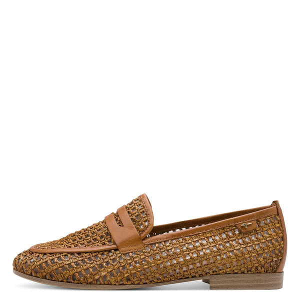 Tamaris women's slip-on shoe with woven tan leather and textile upper, low heel, and loafers style.