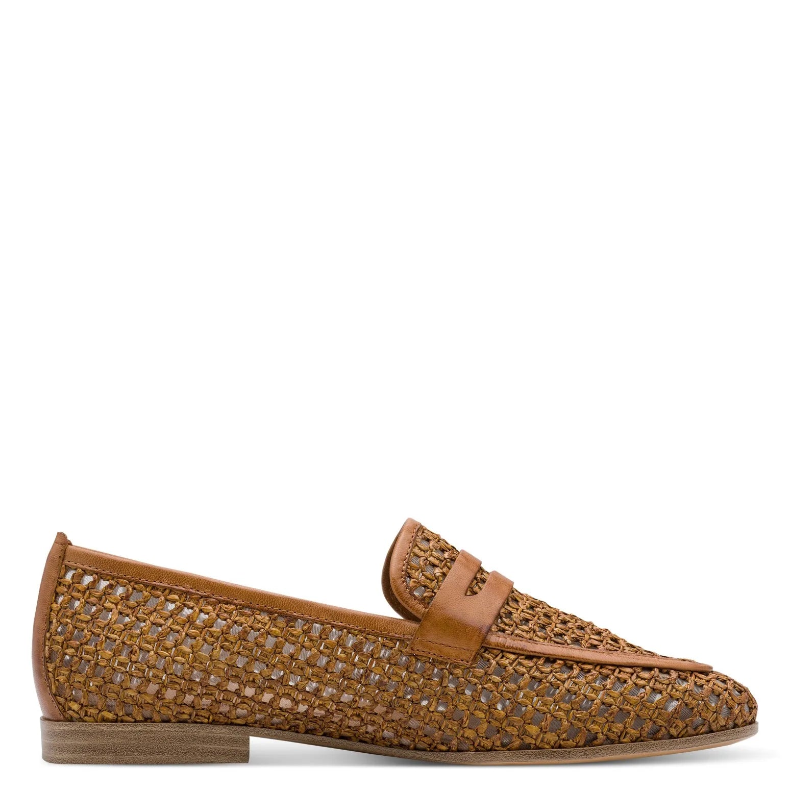 Tamaris women's slip-on shoe in cognac leather and textile with woven pattern, flat heel, and decorative strap detail.