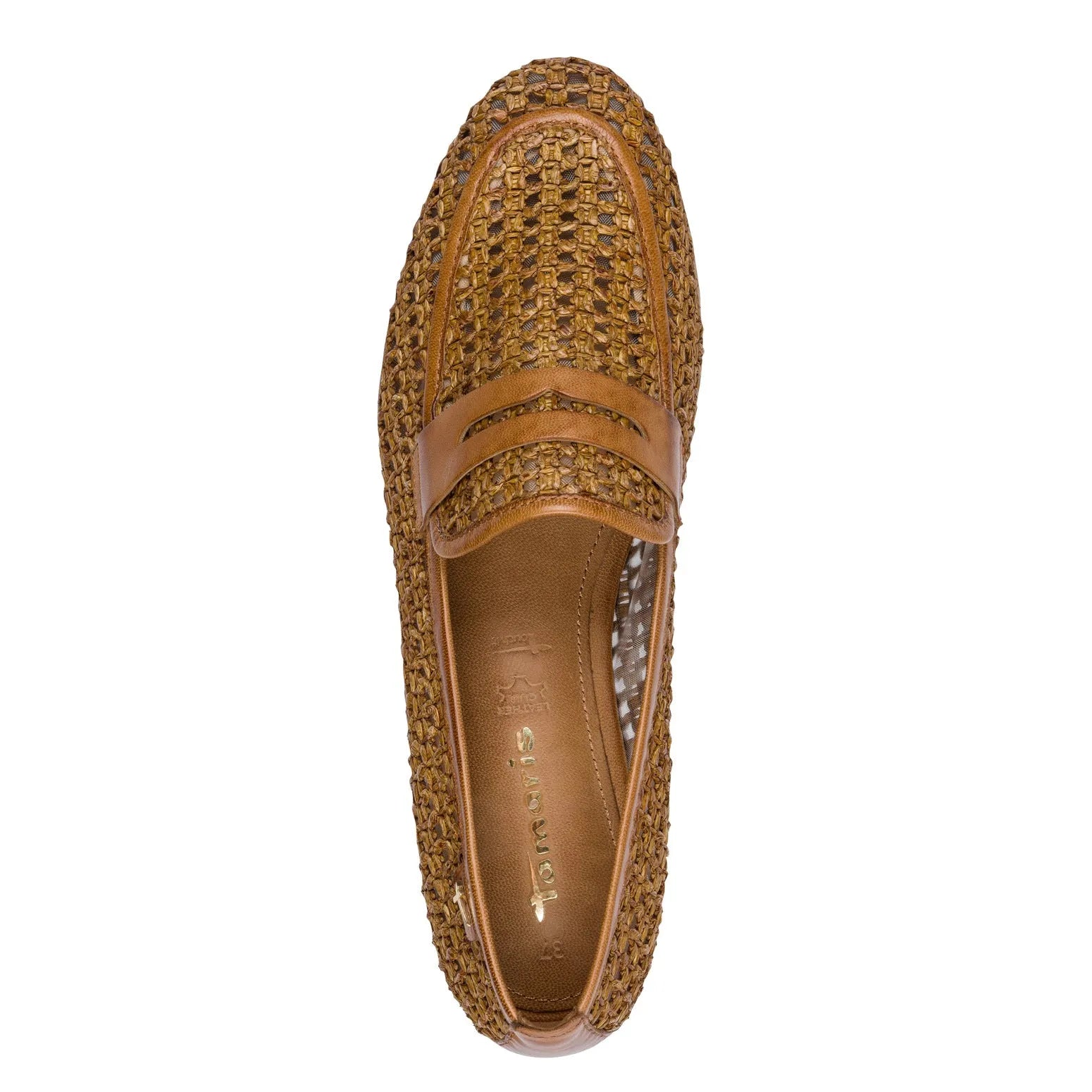 Tamaris slip-on shoes for women, in cognac leather and textile with woven design, low heel, and elastic strap detail.