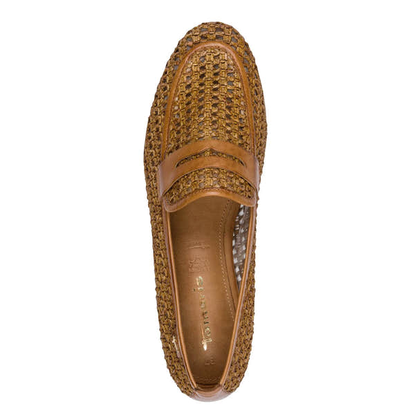 Tamaris slip-on shoes for women, in cognac leather and textile with woven design, low heel, and elastic strap detail.