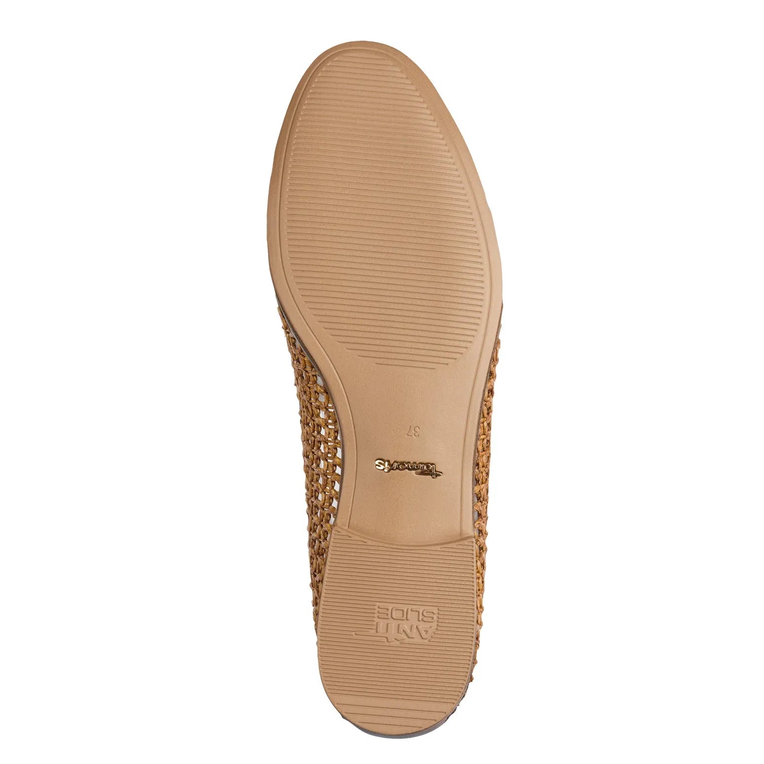Tamaris slip-on shoes in cognac leather and textile with open-weave design, rubber sole, and subtle branding.