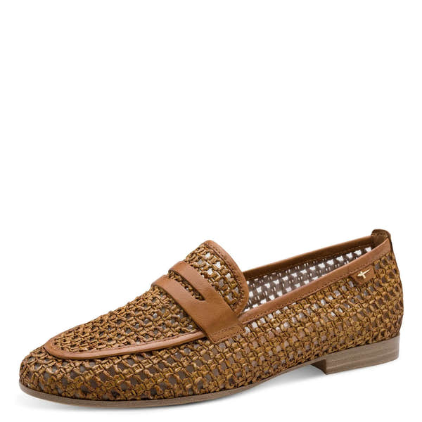 Tamaris women's slip-on shoes with woven cognac leather and textile upper, low heel, and decorative strap detail.
