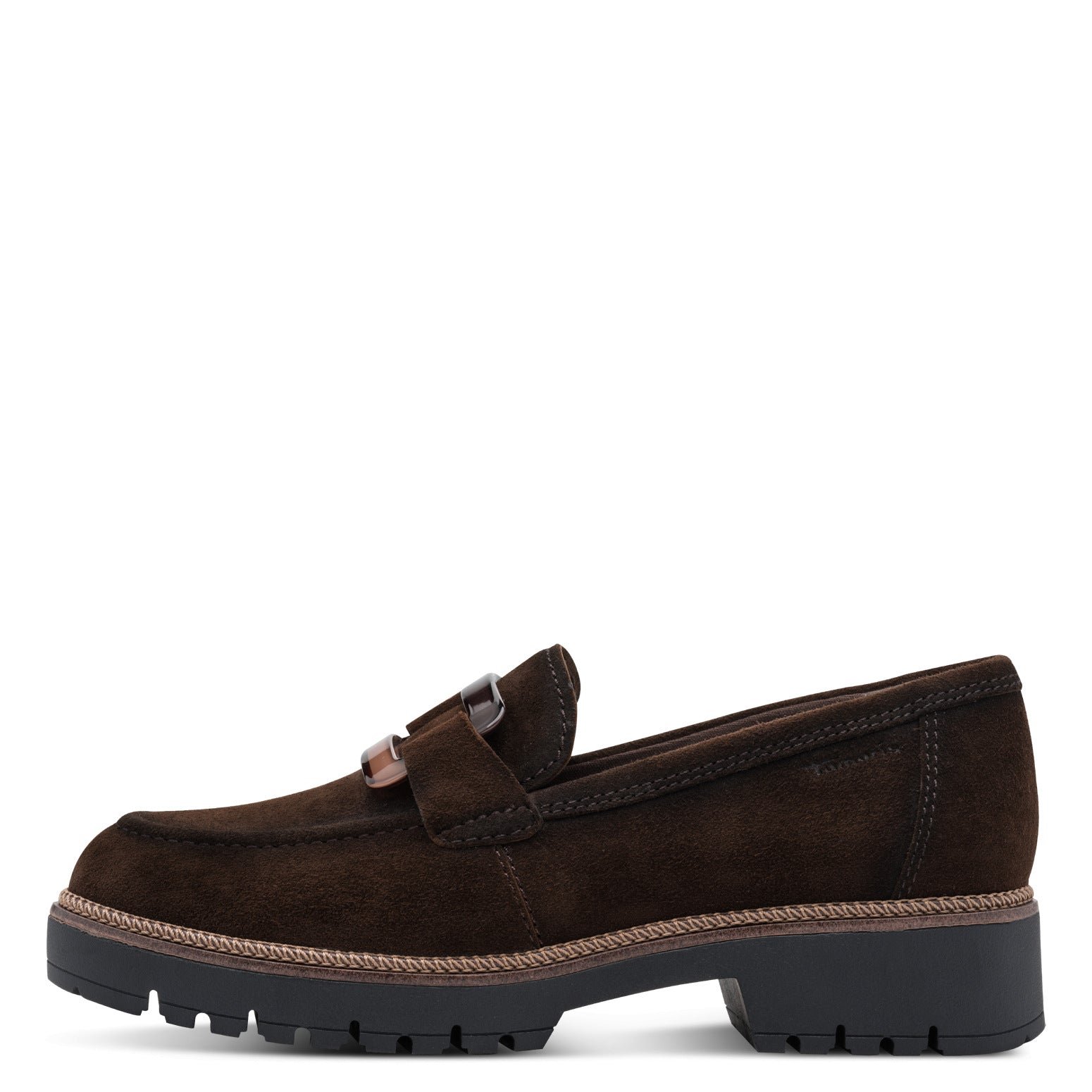 Outer side of the mocca brown Tamaris loafer showing the suede leather upper, stitching and low heel.