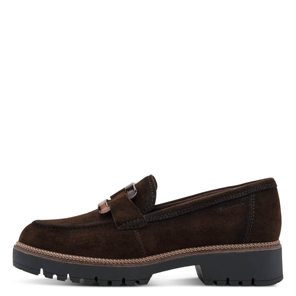 Outer side of the mocca brown Tamaris loafer showing the suede leather upper, stitching and low heel.