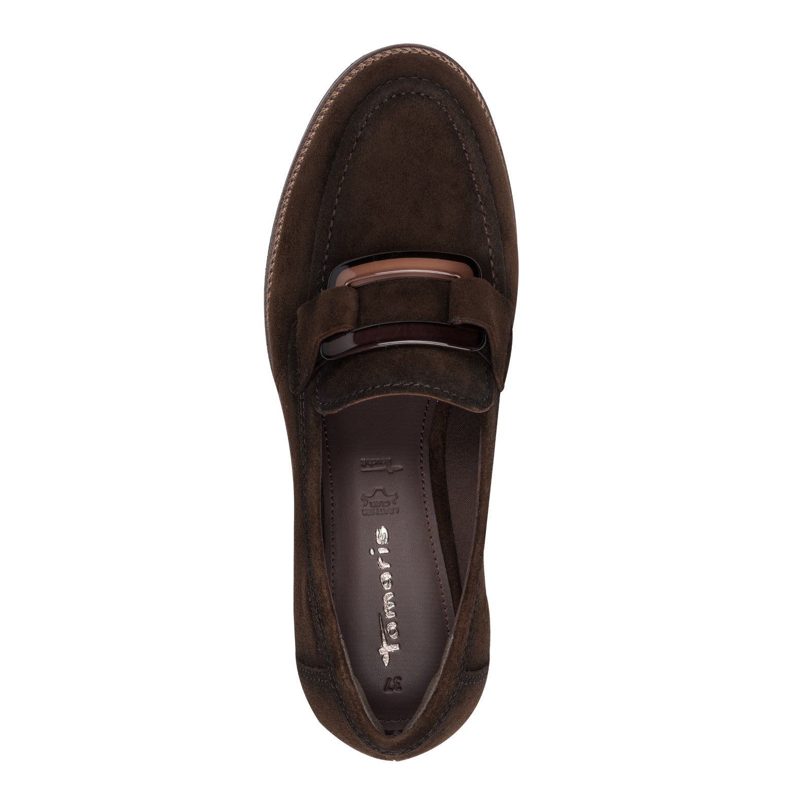 Top view of the mocca brown Tamaris loafer showing the apron stitching, trim and opening.