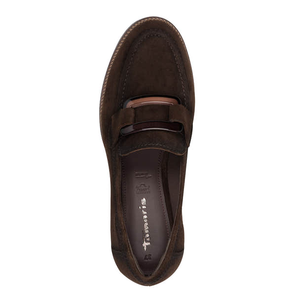 Top view of the mocca brown Tamaris loafer showing the apron stitching, trim and opening.