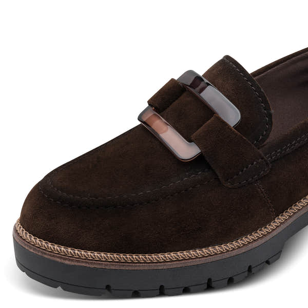 Close-up of the mocca brown Tamaris loafer showing the suede texture, stitching and loafer trim.