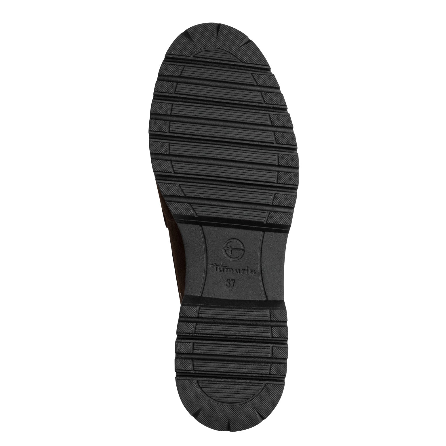 Underside of the mocca brown Tamaris loafer showing the sole and tread pattern.