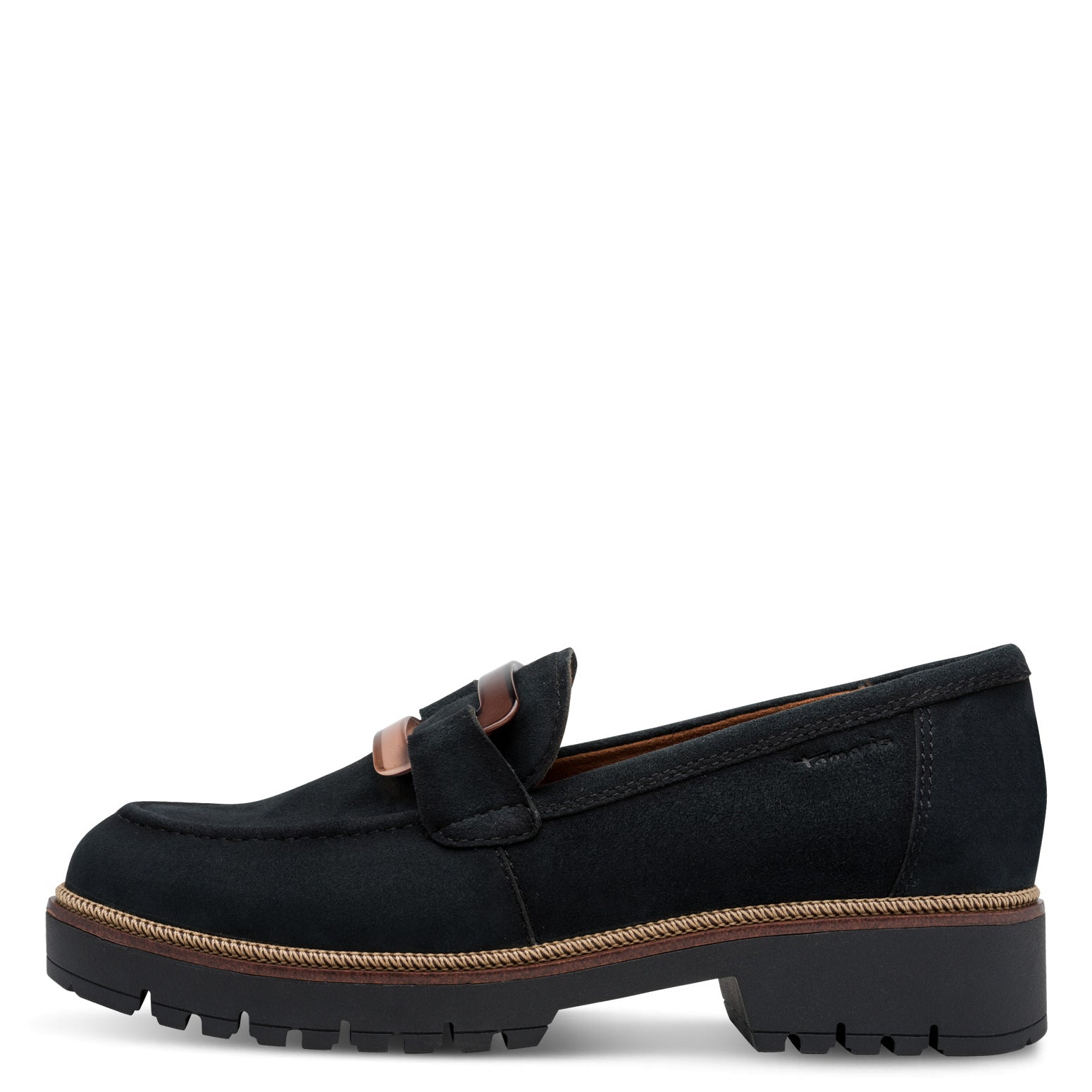 Outer side of the navy Tamaris loafer showing the suede leather upper, stitching and low heel.