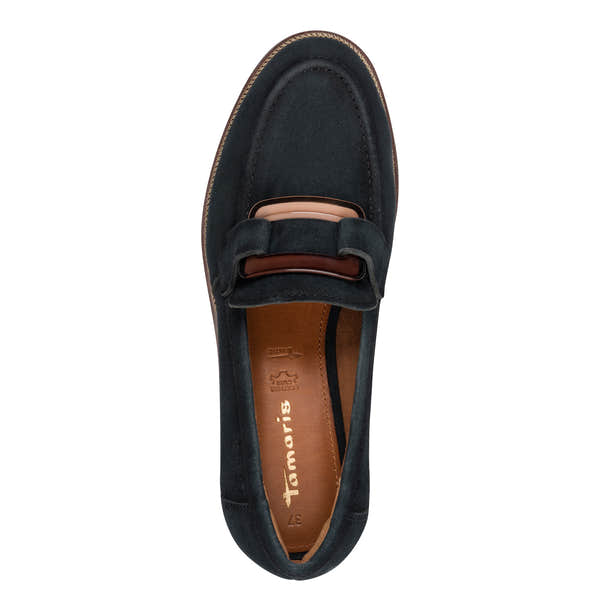 Top view of the navy Tamaris loafer showing the apron stitching, trim and opening.