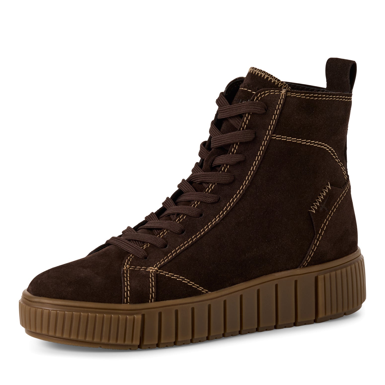 Tamaris women's mocca leather lace-up ankle boots with zip, chunky sole, and contrasting stitching.