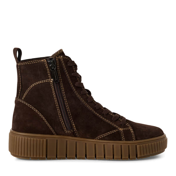 Tamaris women's ankle boots in brown leather with zip and lace-up design, chunky sole, and contrasting stitching.
