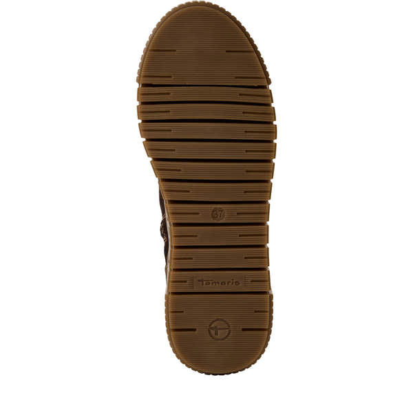 Tamaris Ladies Mocca Leather Zip & Lace Ankle Boots with rubber sole, size 37, featuring a textured tread pattern.