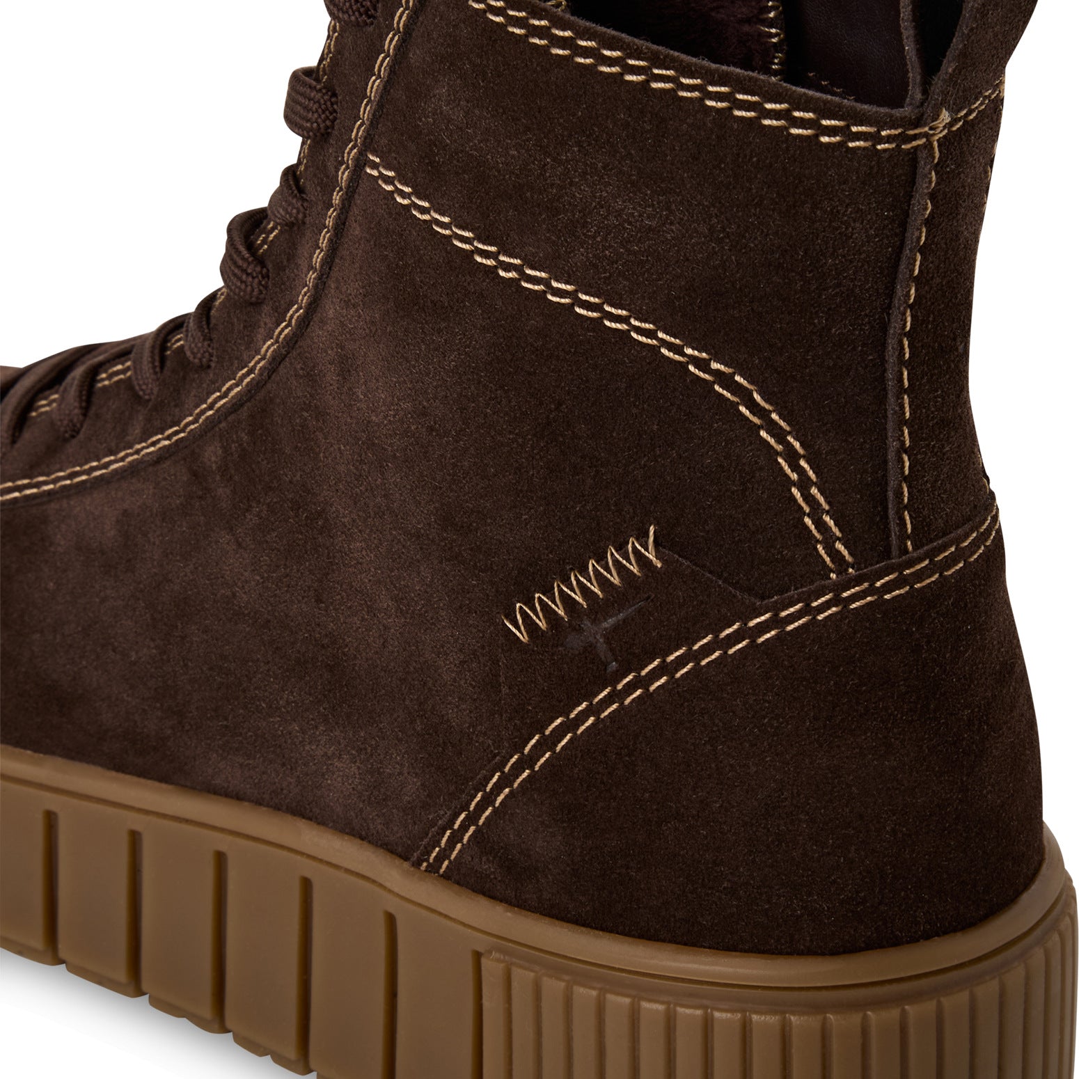 Tamaris Ladies Mocca Leather Ankle Boots with Zip, Lace-up Design, and Chunky Sole.