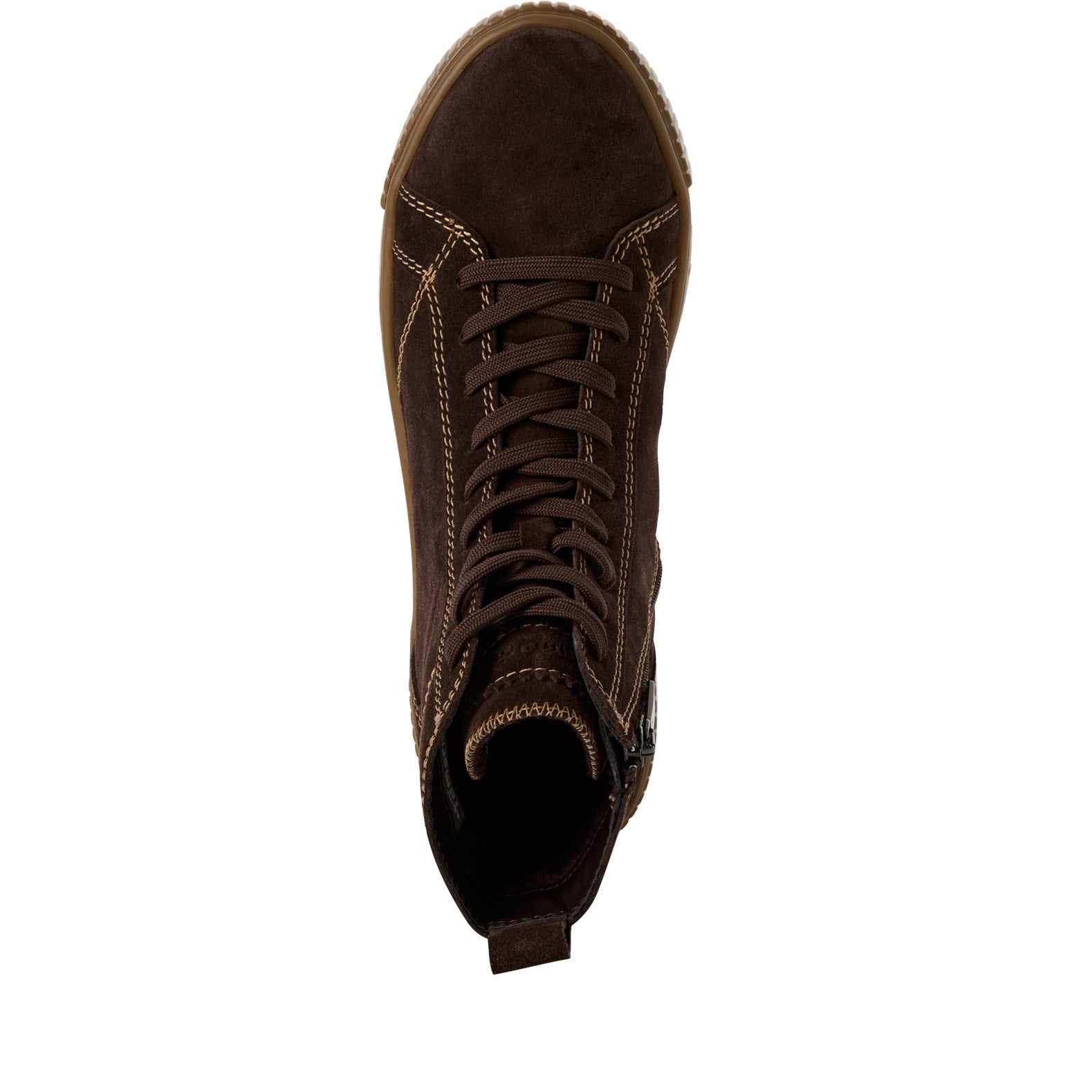 Tamaris women's brown leather ankle boots with zip and lace-up closure, stylish mocca color, rubber sole, and stitching details.