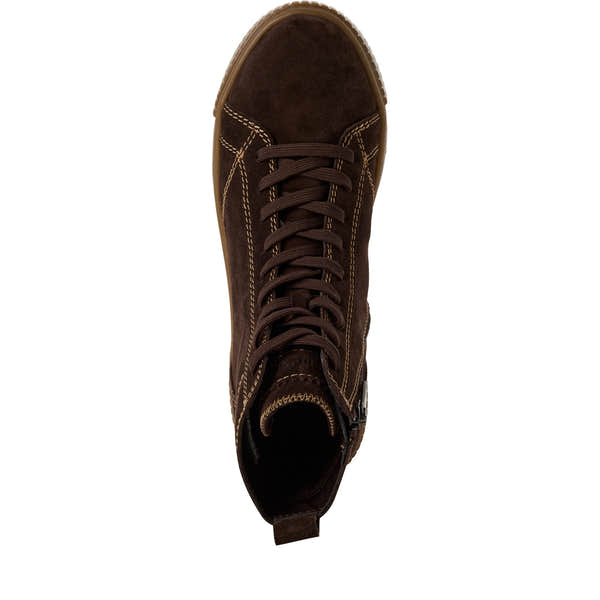 Tamaris women's brown leather ankle boots with zip and lace-up closure, stylish mocca color, rubber sole, and stitching details.