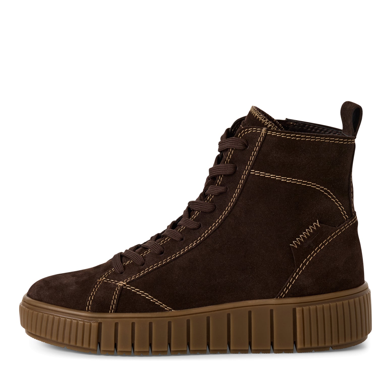 Tamaris women's dark brown leather ankle boots with zip and lace-up closure, featuring a chunky rubber sole.