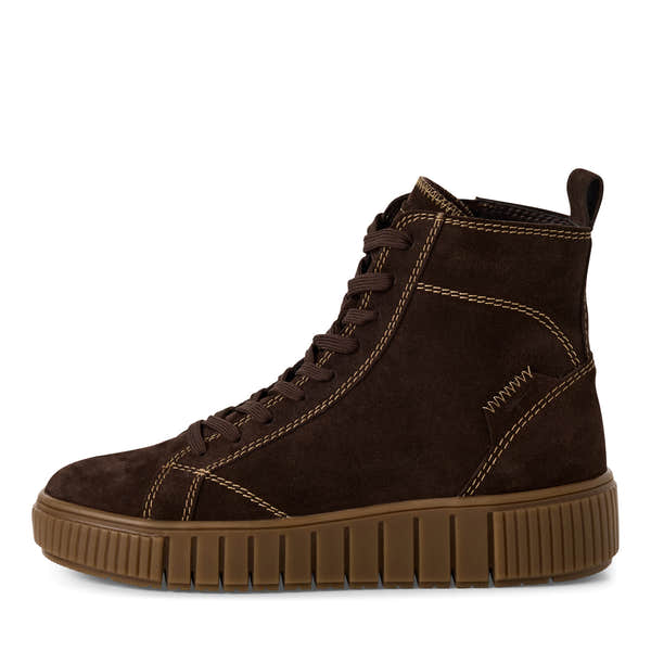 Tamaris women's dark brown leather ankle boots with zip and lace-up closure, featuring a chunky rubber sole.