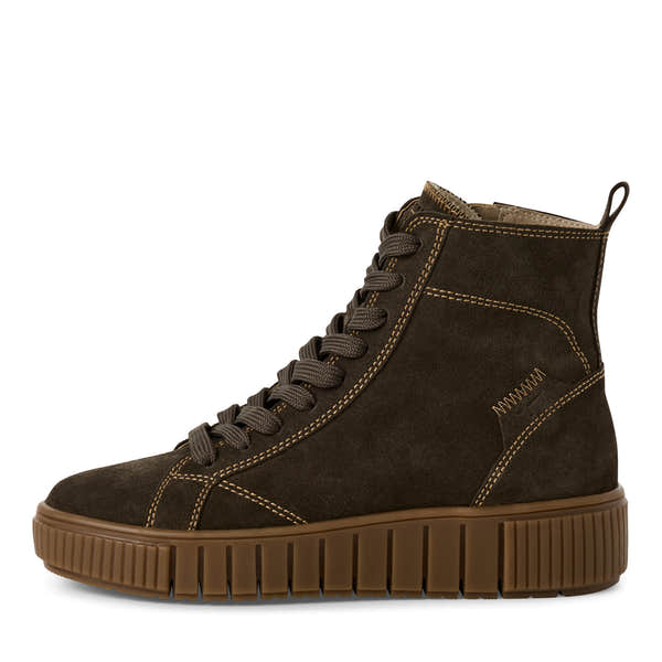 Tamaris women's olive leather ankle boots with zip and lace-up closure, chunky sole, and stitching details.