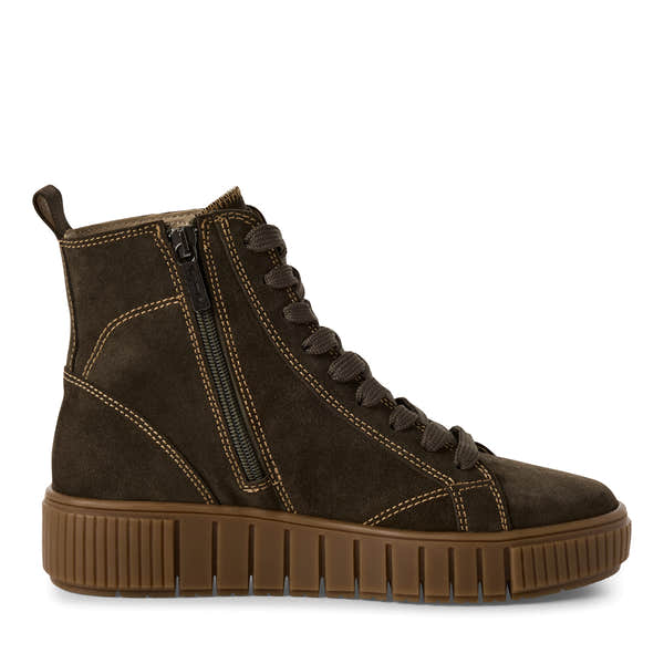 Tamaris women's olive leather ankle boots with lace-up front, side zipper, rubber sole, and stitching detail.
