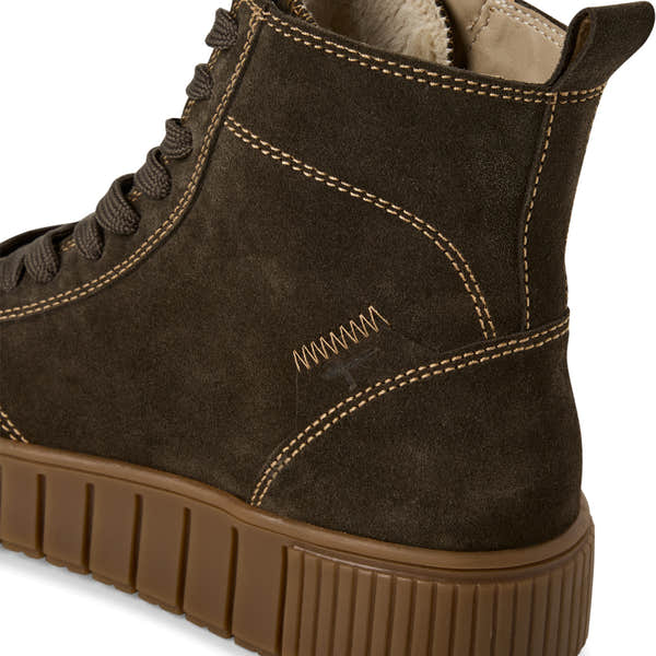 Tamaris women's olive leather ankle boots with laces, zipper, and chunky sole, featuring stitched detailing and soft interior lining.