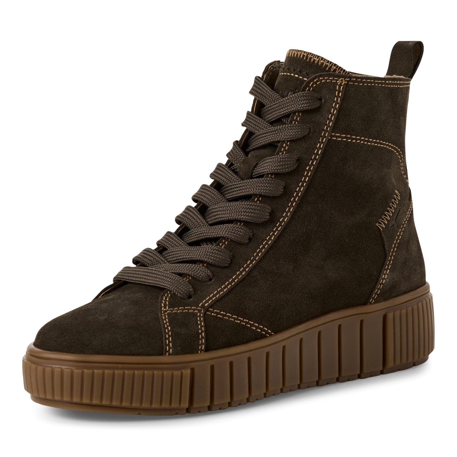 Tamaris women's olive leather ankle boots with zip and lace closure, chunky rubber sole, and contrast stitching.