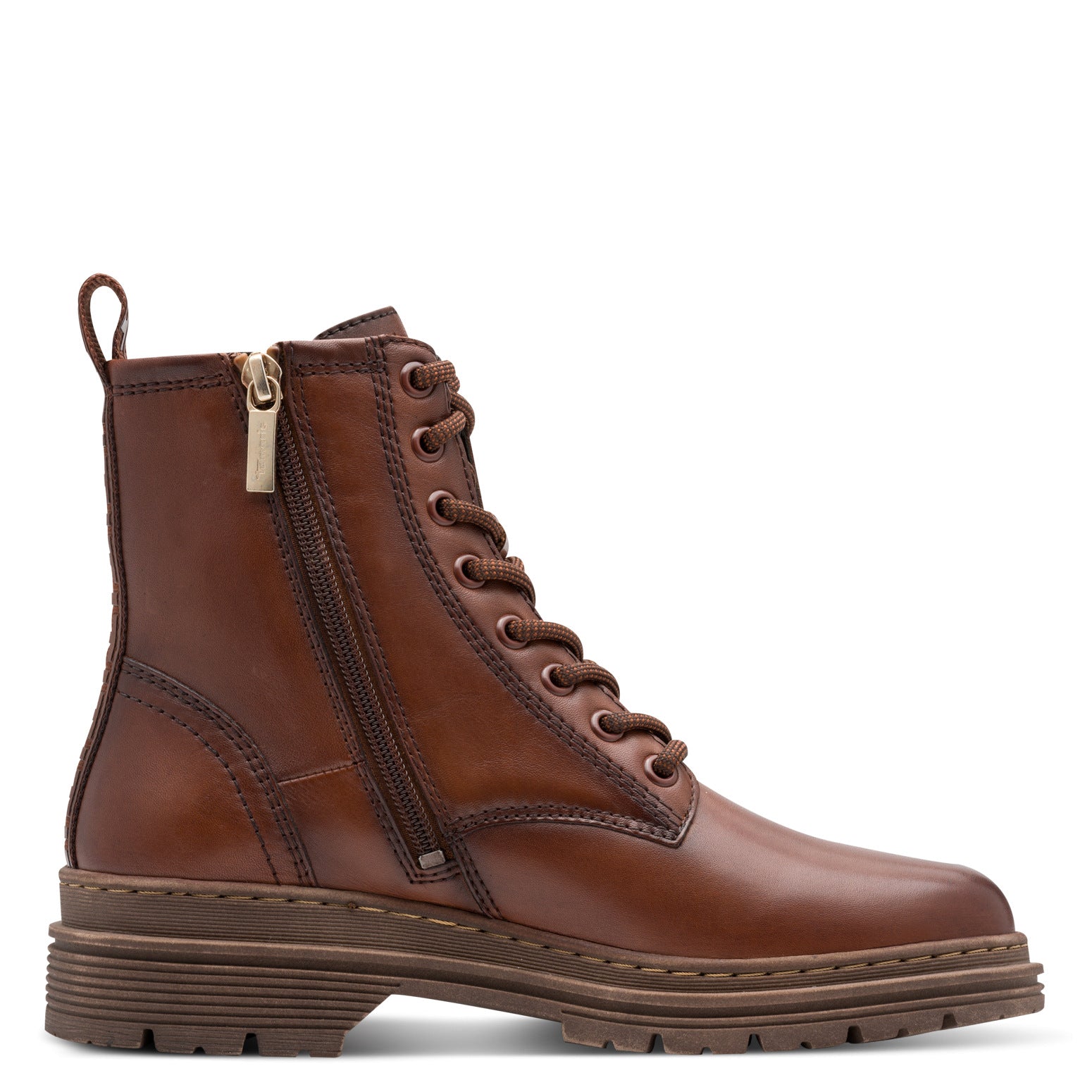 Tamaris women's Muscat leather ankle boots with lace-up front, zip side, and rugged sole. Brown stylish lace-up ankle boots.