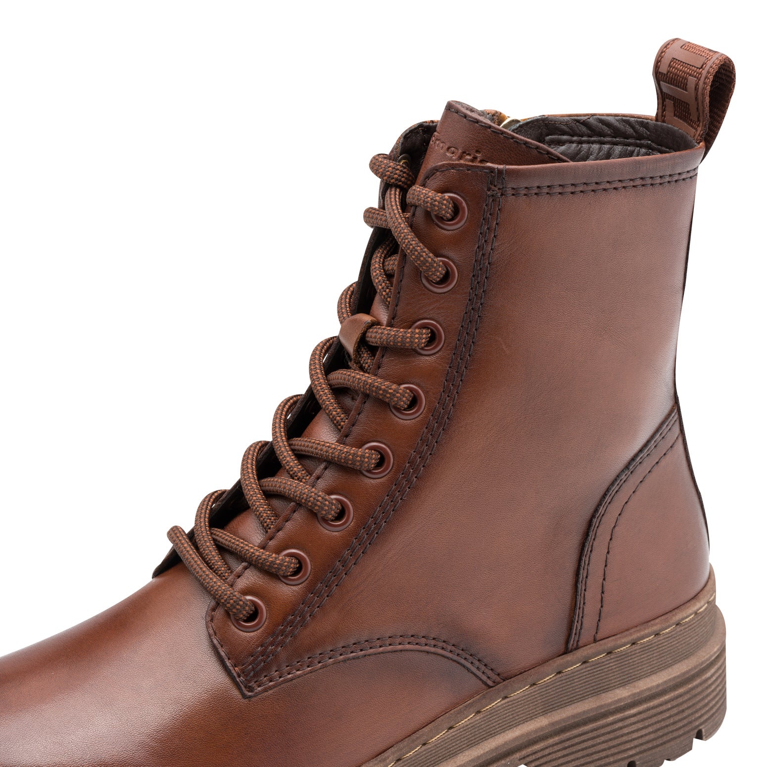 Tamaris Ladies Muscat Leather Zip & Lace Ankle Boots in brown with lace-up front and chunky sole.