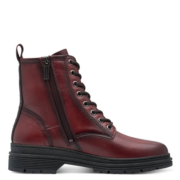 Tamaris women's red leather ankle boots with lace-up and side zipper, chunky sole, and stylish design.