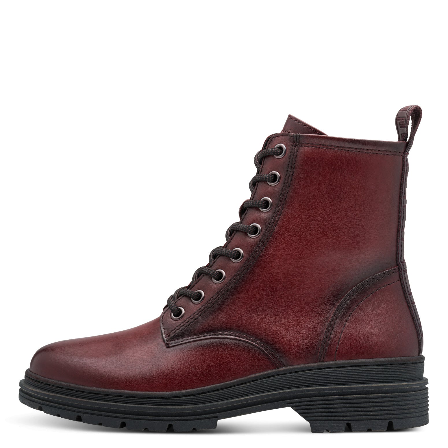 Tamaris Ladies Red Leather Ankle Boots with lace-up front, side zip, and pull tab, featuring a chunky black sole and stylish design.