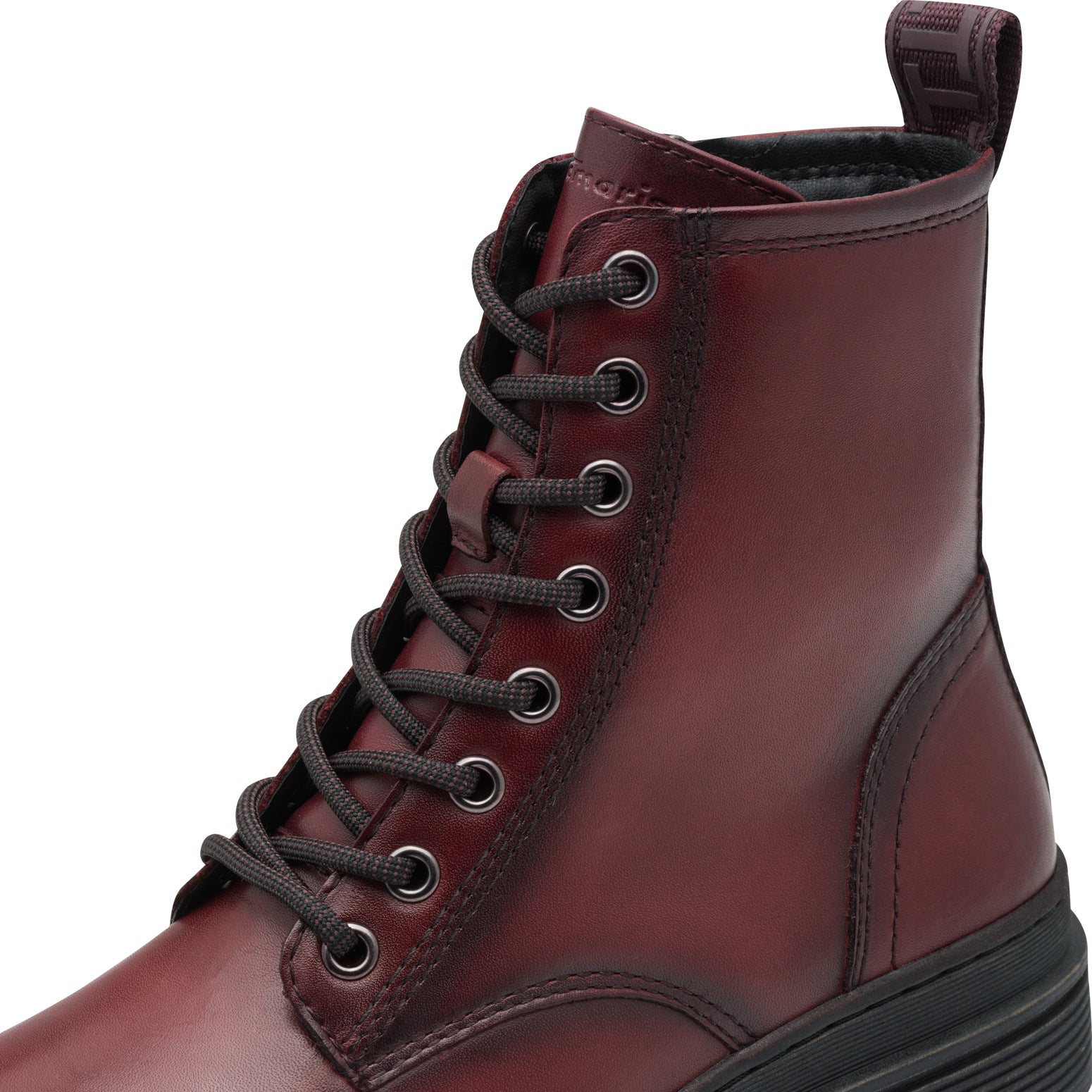 Tamaris women's red leather ankle boots with lace-up front, zip closure, chunky sole, and ankle pull tab.