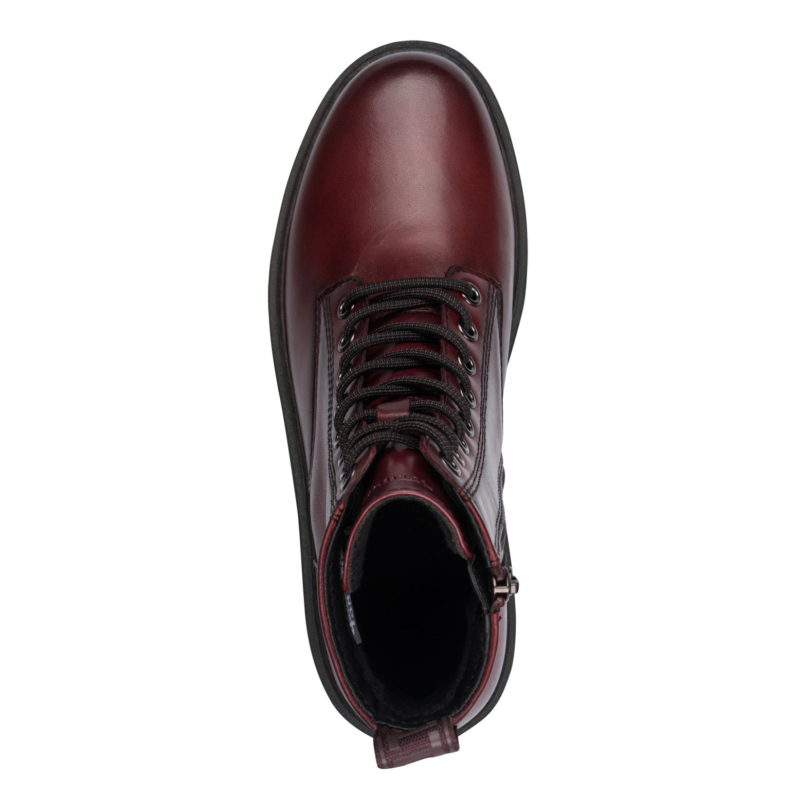 Tamaris women's red leather ankle boots with lace-up and zipper closure, stylish and durable with a rounded toe.
