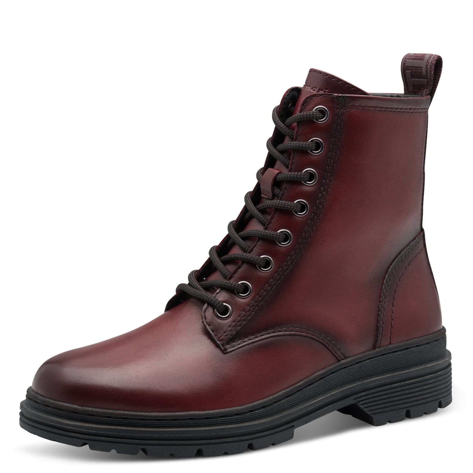 Tamaris Ladies Red Leather Ankle Boots with Zip, Lace-up Design, Chunky Sole, and Pull Tab for Stylish Comfort.