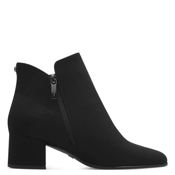Black textile women's ankle boot with side zipper and midi block heel from Tamaris.