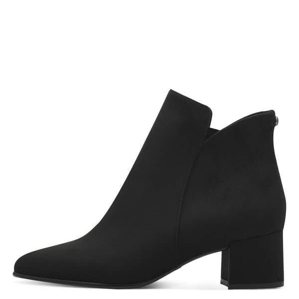 Black textile women's ankle boot with side zipper and block heel, style Tamaris 1-25354-43 001.