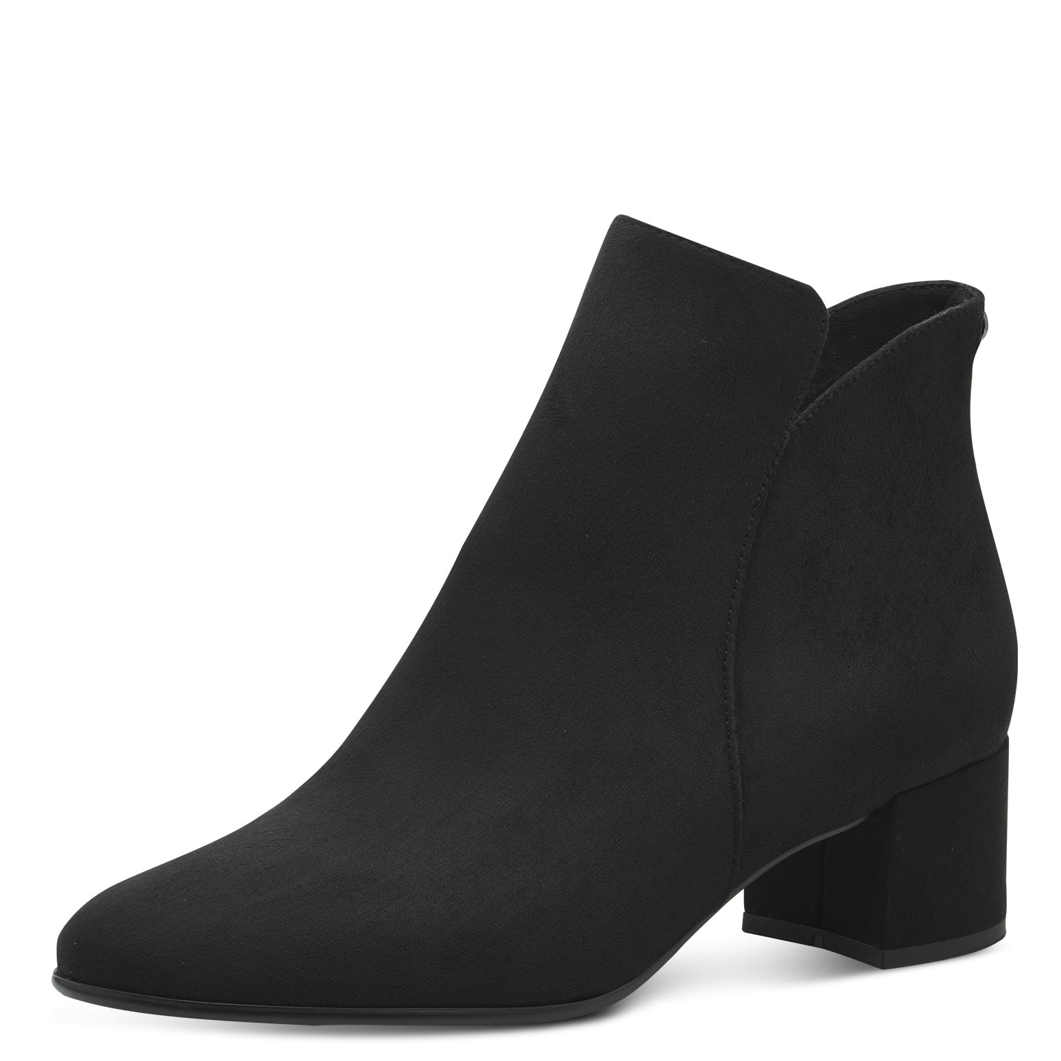 Black textile women's ankle boot with side zipper and block heel.