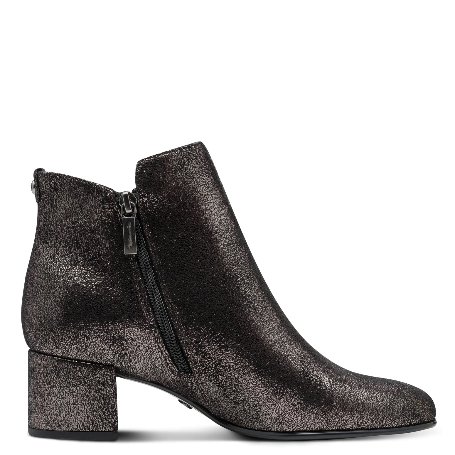 Tamaris women's pewter textile ankle boots with side zipper, block heel, and textured finish.