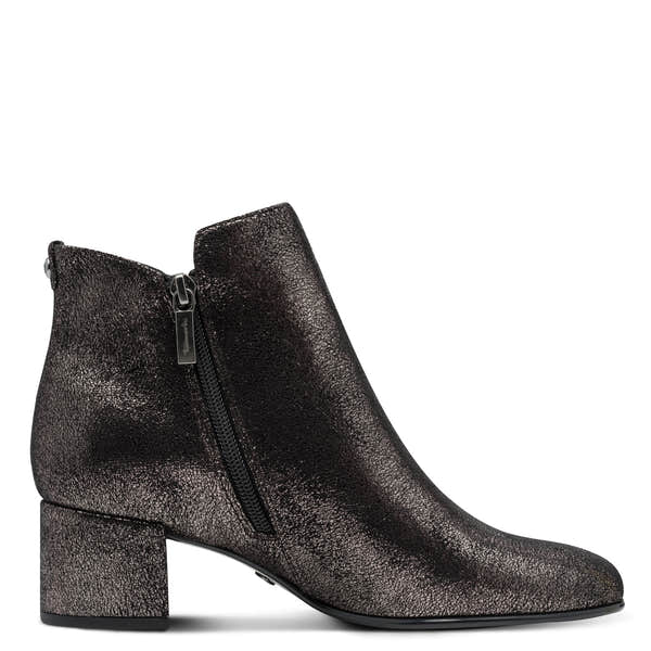 Tamaris women's pewter textile ankle boots with side zipper, block heel, and textured finish.