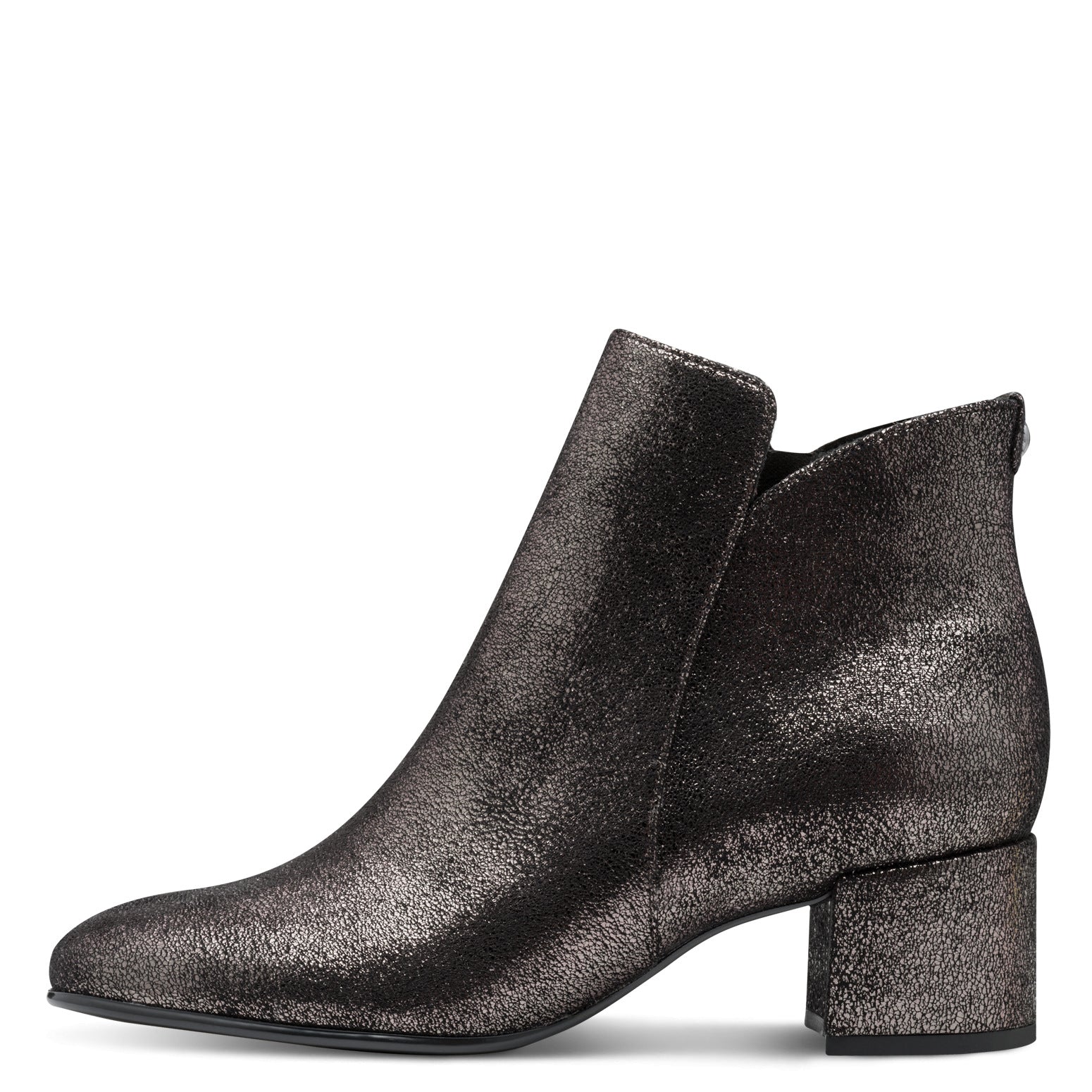 Tamaris women's pewter textile ankle boots with side zipper and chunky heel, stylish and versatile for fall and winter.