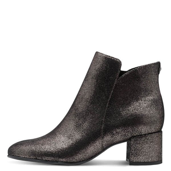 Tamaris women's pewter textile ankle boots with side zipper and chunky heel, stylish and versatile for fall and winter.