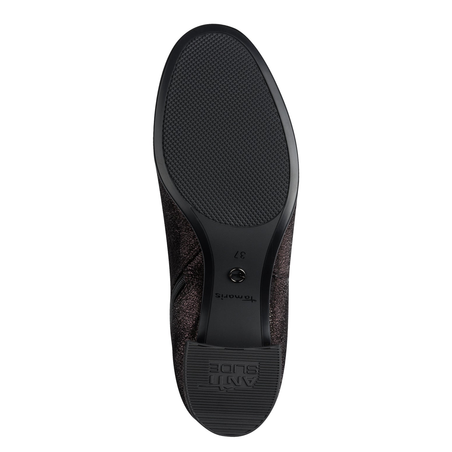Tamaris Ladies Pewter Textile Side Zip Ankle Boots with rubber sole and stylish design.