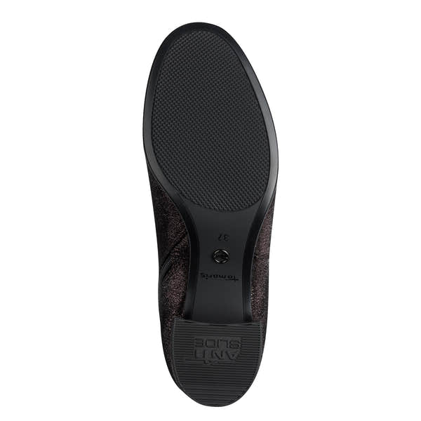 Tamaris Ladies Pewter Textile Side Zip Ankle Boots with rubber sole and stylish design.