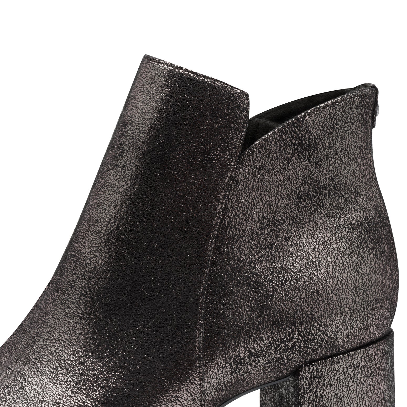 Tamaris ladies pewter textile ankle boots with side zipper, block heel, and textured finish.