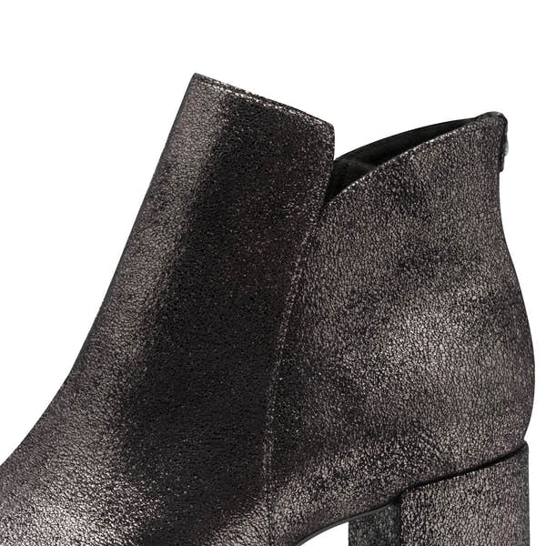 Tamaris ladies pewter textile ankle boots with side zipper, block heel, and textured finish.