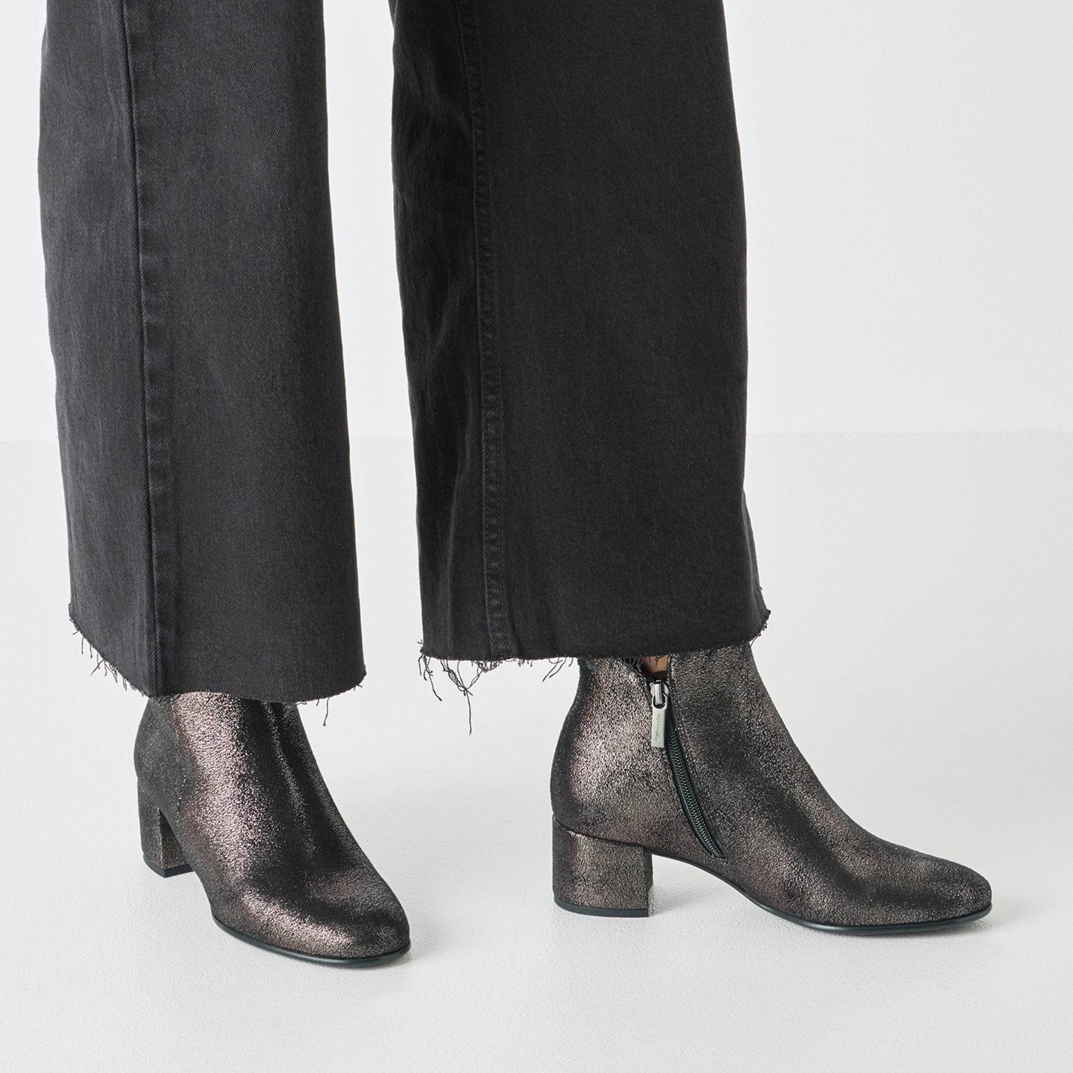 Tamaris Ladies Pewter Textile Ankle Boots with Side Zip and Block Heel, cropped black jeans.