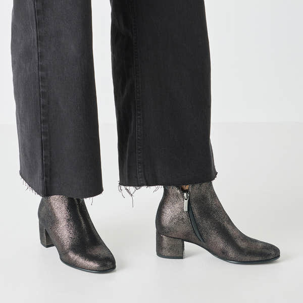 Tamaris Ladies Pewter Textile Ankle Boots with Side Zip and Block Heel, cropped black jeans.