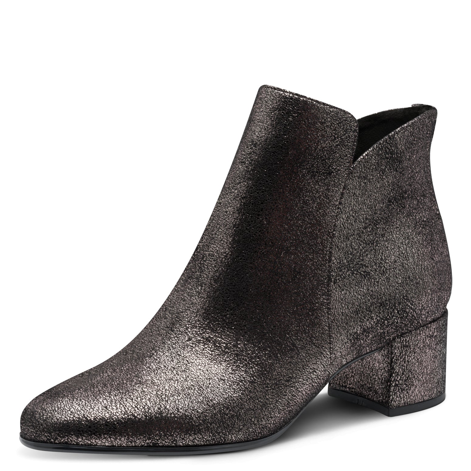Tamaris women's pewter textile ankle boots with side zipper and chunky heel, stylish and comfortable for everyday wear.