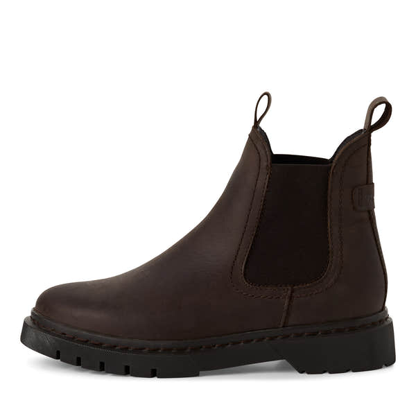 Tamaris women's brown leather pull-on ankle boots with elastic side panels and pull tabs for easy wear.