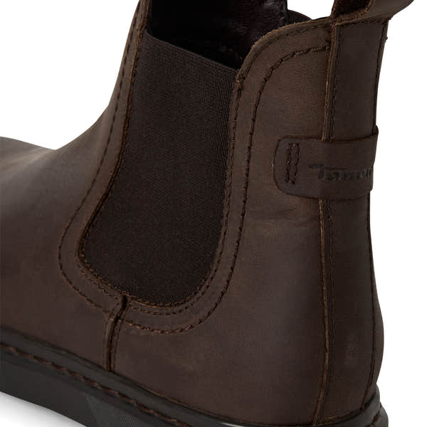 Tamaris Ladies Brown Leather Pull-On Ankle Boots with elastic side panels and back pull tab.