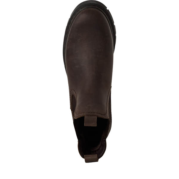 Tamaris women's brown leather pull-on ankle boots with rounded toe and rugged sole for casual wear.